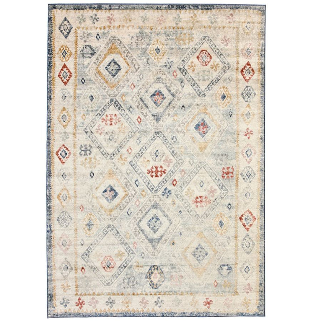 A tribal Decorative area rug with geometric pattern with red,blue and yellow tones