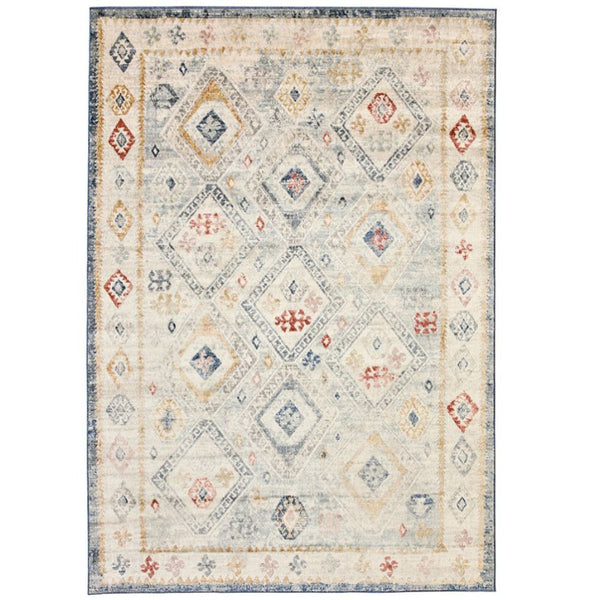 A tribal Decorative area rug with geometric pattern with red,blue and yellow tones