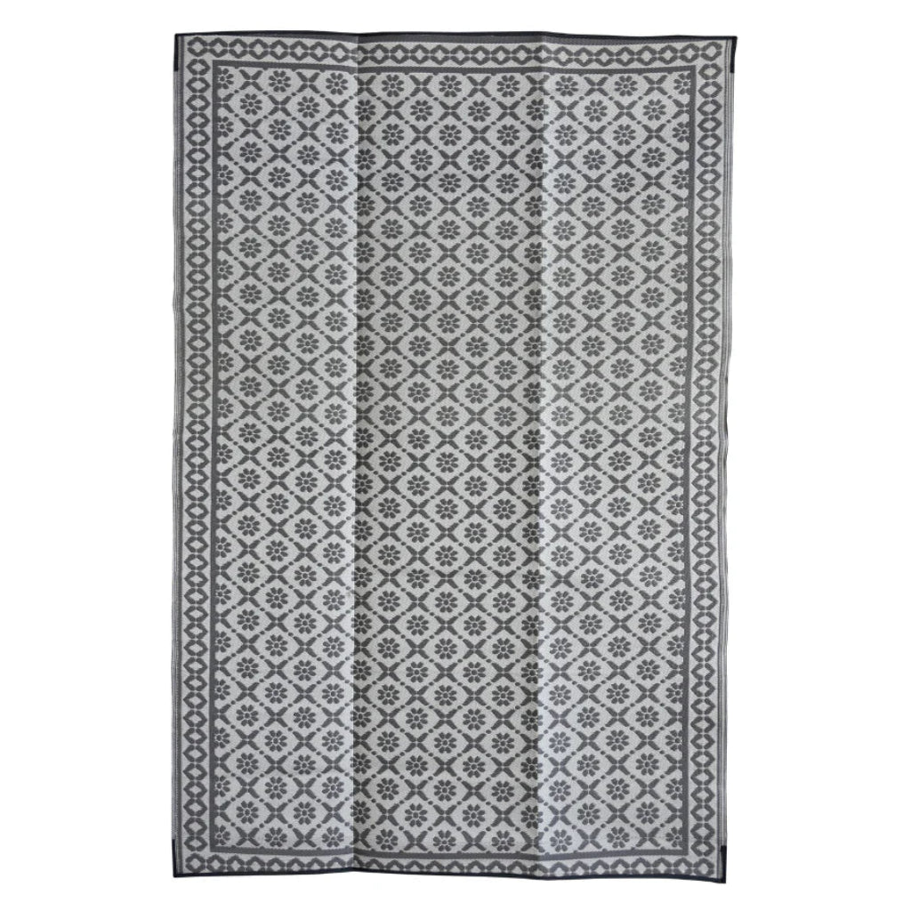 Patterned rug with geometric design on a white background