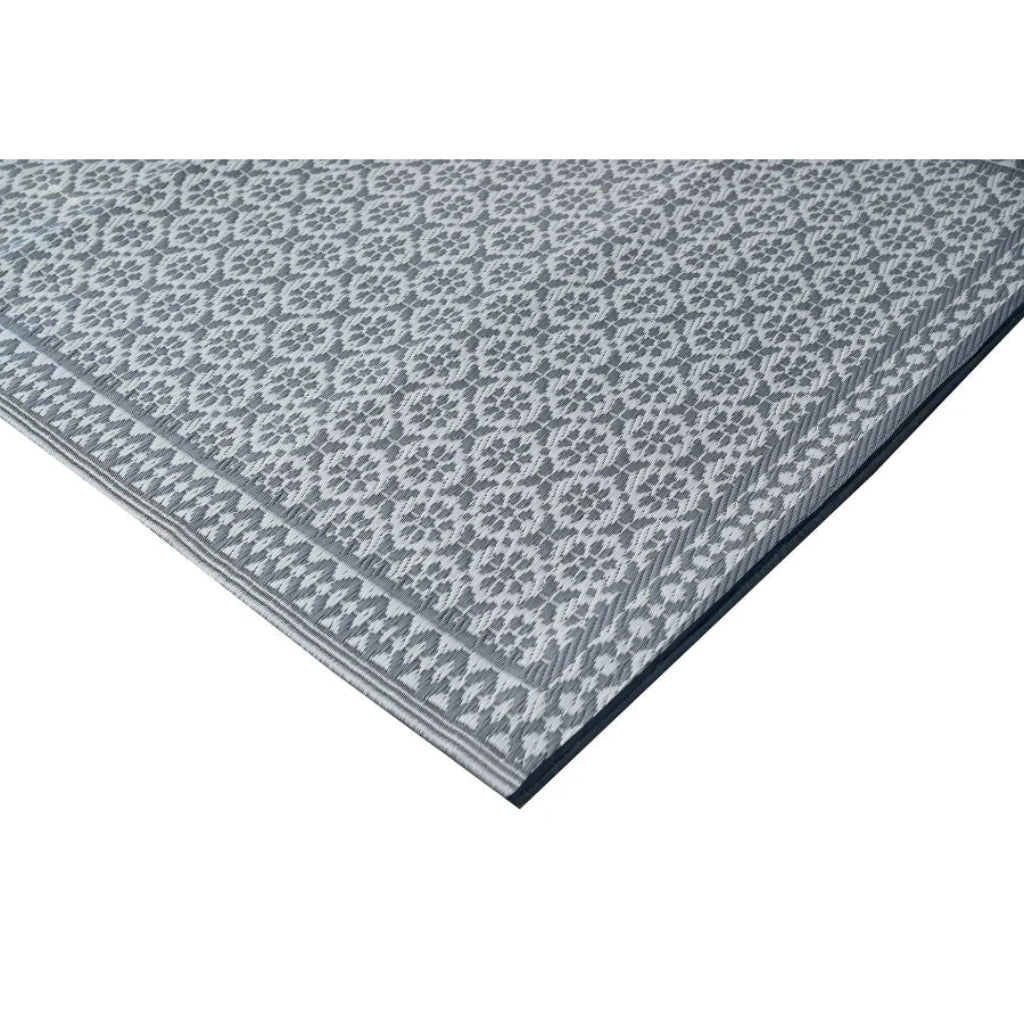 Corner picture of a Gray and white, patterned rug on a white background