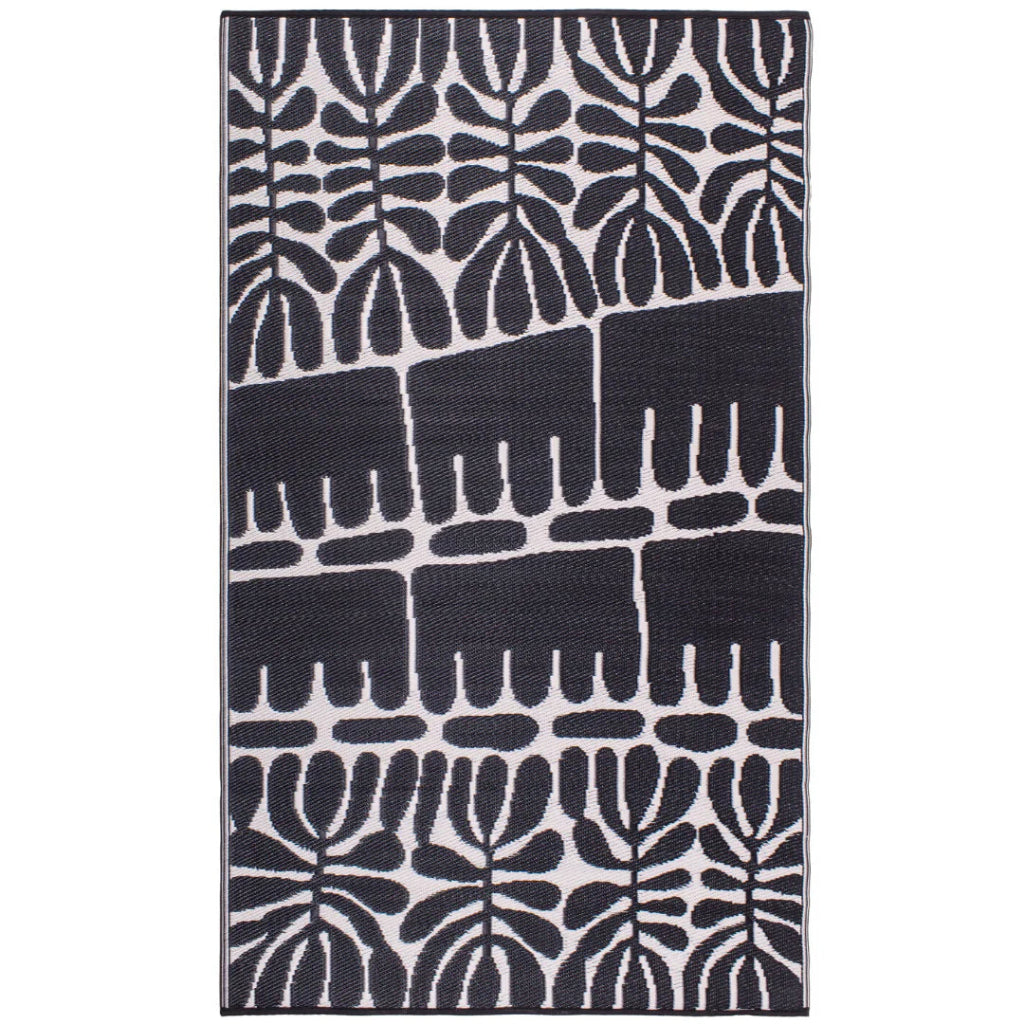 Black and white patterned rug on a white background