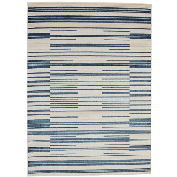 Rug with blue and beige striped pattern 
