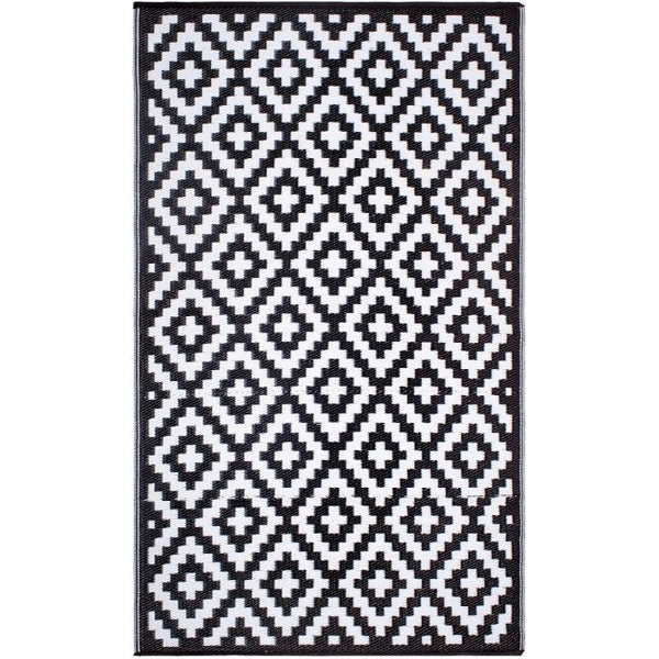 Aztec Black and White Monochrome Recycled Plastic Outdoor Rug