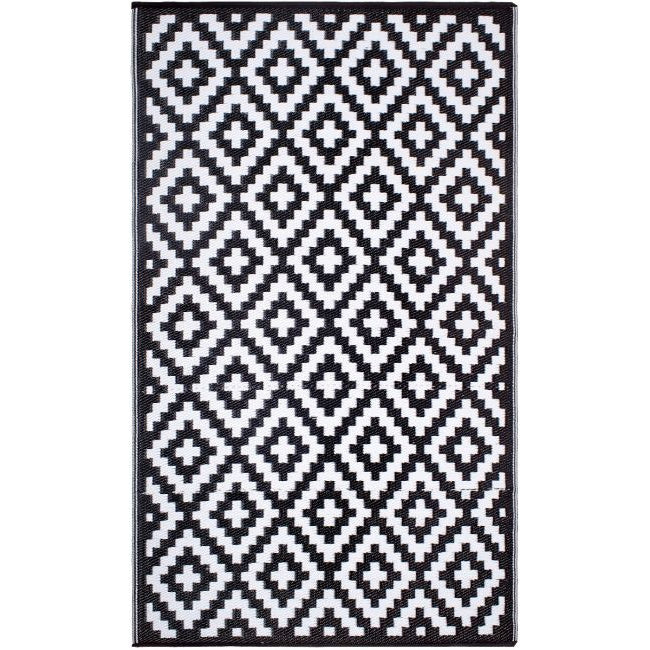 Aztec Black and White Monochrome Recycled Plastic Outdoor Rug