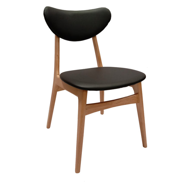 Falk Dining Chair - Natural timber Frame with Black PU Cushion Back and Seat